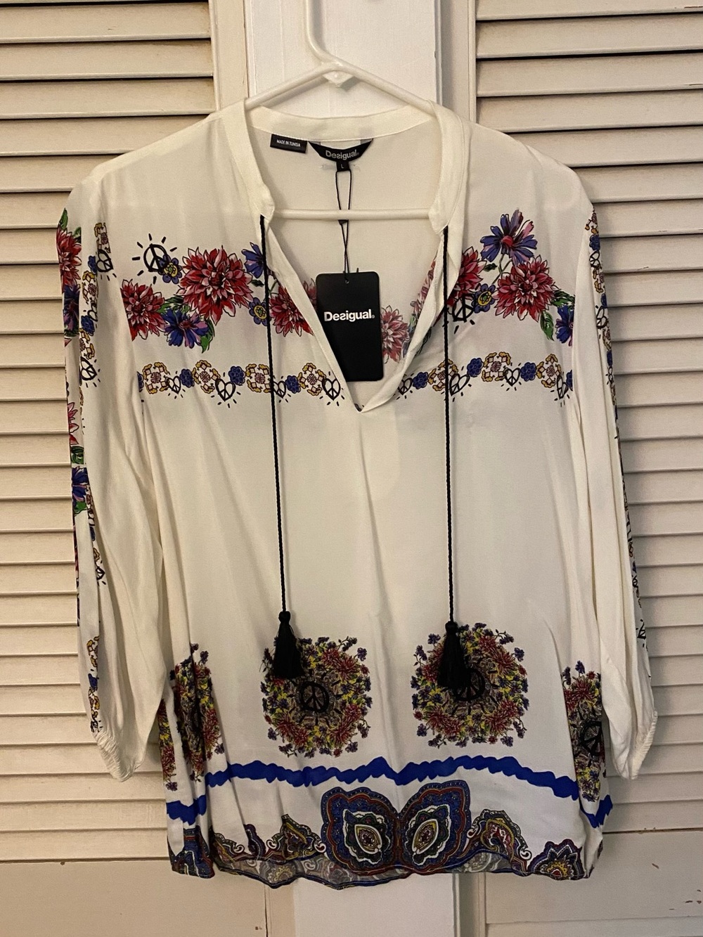 Desigual White Floral Peasant Blouse with Multicolor Prints